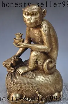 

11"Chinese fengshui brass wealth yuanbao moneyBag zodiac monkey Animal statue