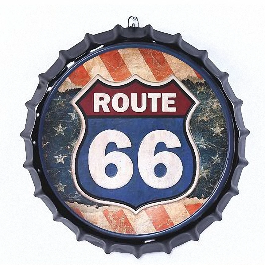 ROUTE 66 Large 3D Beer Cover Tin Sign Logo Plaque Vintage Metal Painting Wall Sticker Iron Sign Bar KTV Cafe Decor 42X42 CM