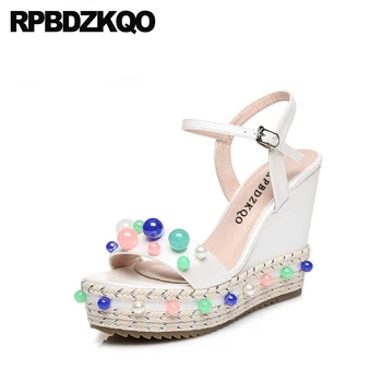 

Beaded Silver Pumps Rope Platform Wedge White Pearl Extreme Two Strap Sandals Shoes Embellished Runway Women High Heels Bohemia