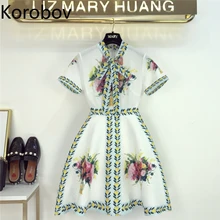 Korobov летнее Новое Элегантное платье со стоячим воротником и бантом корейское шифоновое платье трапециевидной формы с цветочным принтом вечерние платья Vestidos 78364