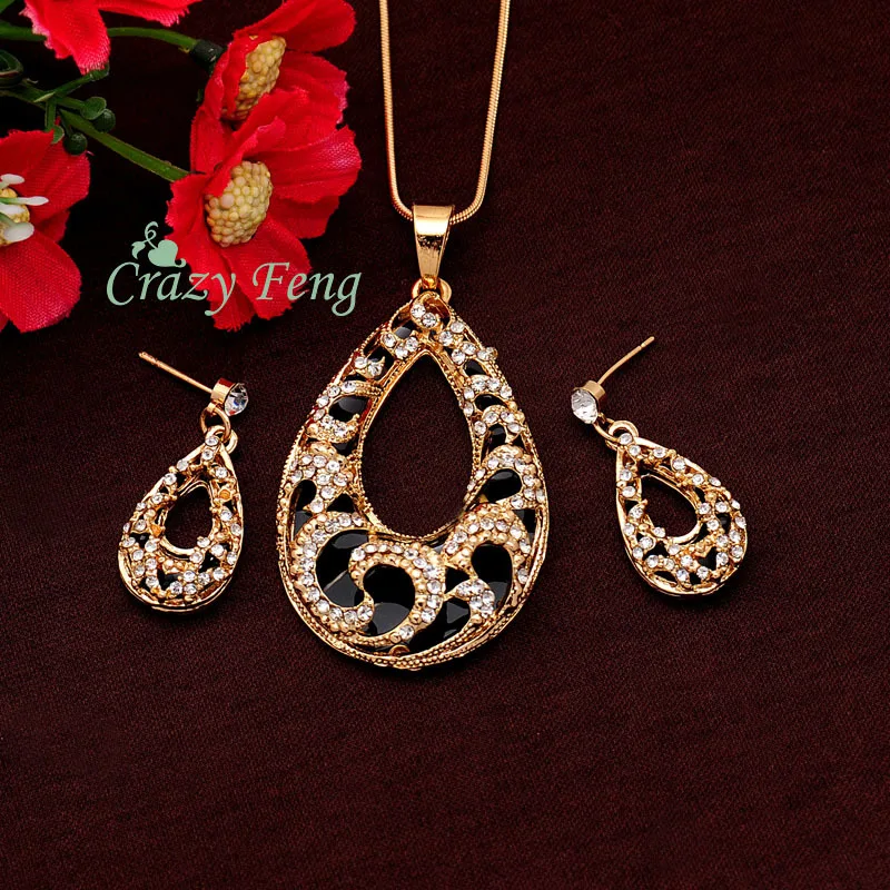 

Women's Yellow/White Gold-color Austrian Crystal 2 Colors Chain Pendant Necklace + Earrings Jewelry Sets Gift Free shipping