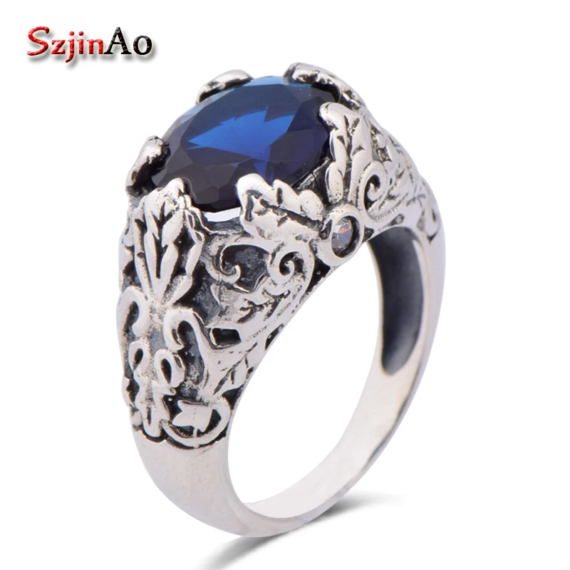 

Szjinao European and American Restoring Ancient Ways Punk Vintage Real 925 Sterling Silver Ring Sapphire Jewelry