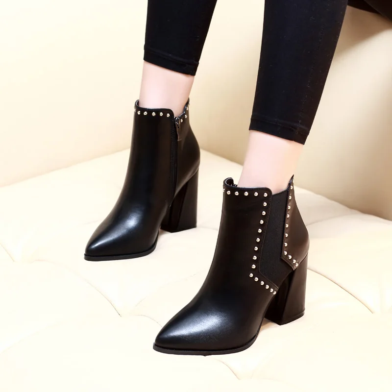 

New Women Ankle Boots High Heel Spring Autumn Black Boots Solid Zip With Rivets Soft Leather Sexy Ladies Shoes CH-A0007