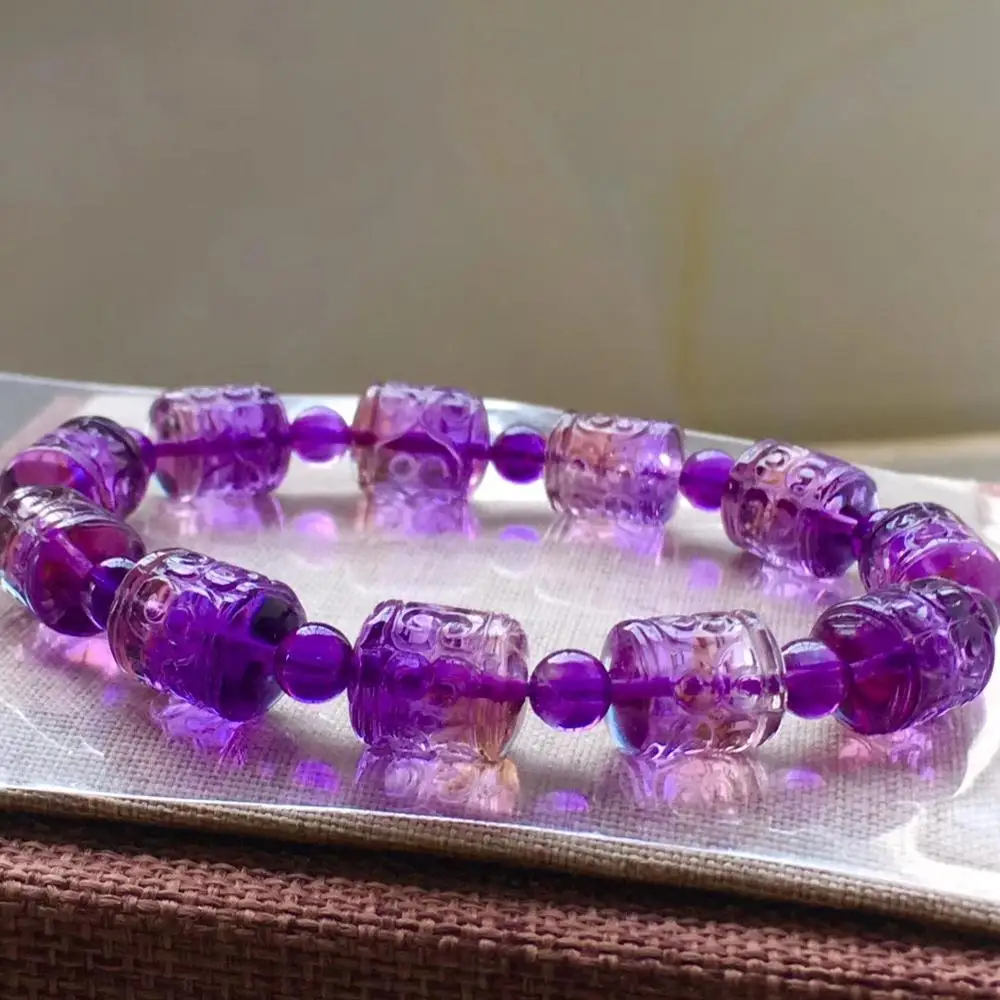 

Genuine Natural Ametrine Quartz Yellow Purple Bracelet Women Carved Barrel Beads 9x7mm Gemstone Crystal AAAAA Certificate