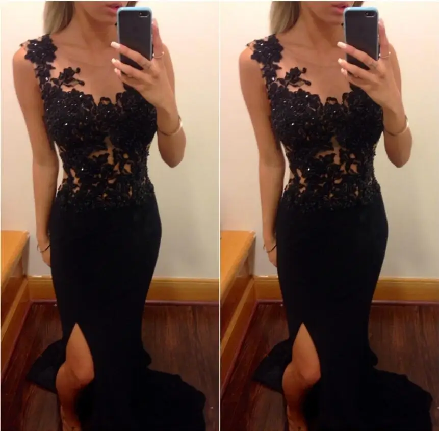 

Black Prom Dress in Slit Sexy Appliqued and Sequined Party Gown Cash on Delivery 2018 Custom Made