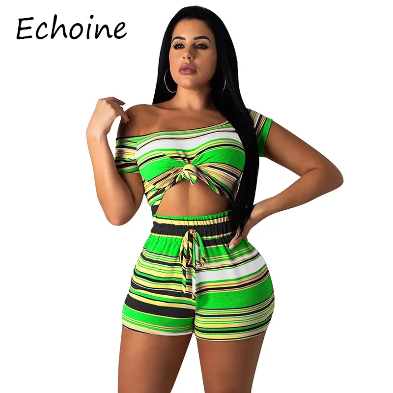 

Echoine Colorful Striped Two Piece Set High Elasticity Crop Top And Pants Tracksuit Short Sets For Women
