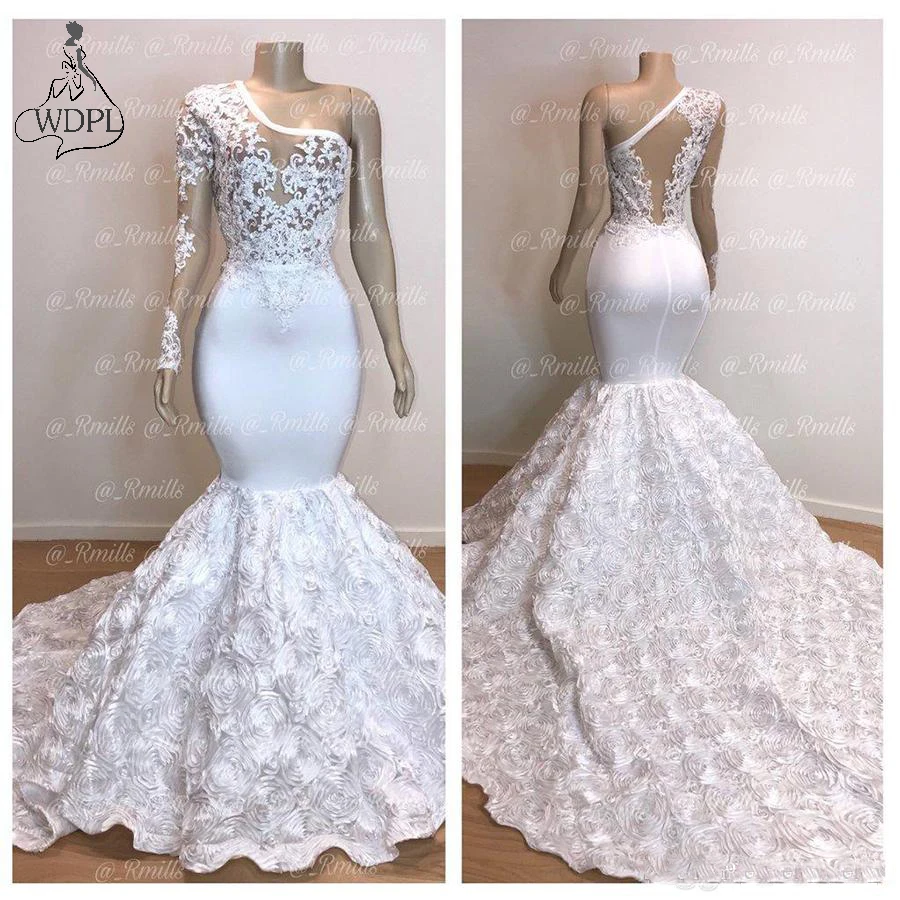 New Gorgeous One Shoulder White Mermaid Prom Dresses 2019 Long Flower Train Lace Applique Evening Dresses Pageant Party Gowns 169