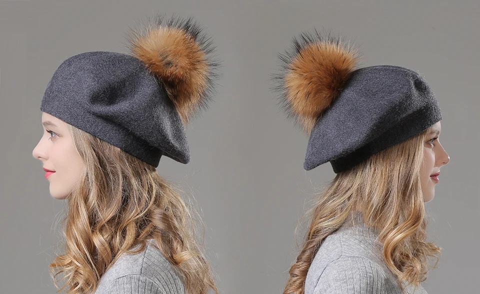 Women Beret Wool Hat Winter Knitted Wool Berets Real Fur Pompom Hats Beanies Female Top Quality Beret Cap (5)