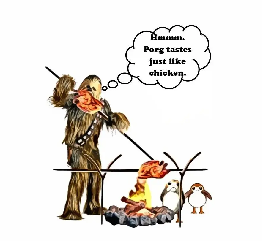 

Men's T Shirt: Star Wars Last Jedi Parody: Chewbacca Porg Tastes Like Chicken Free shipping