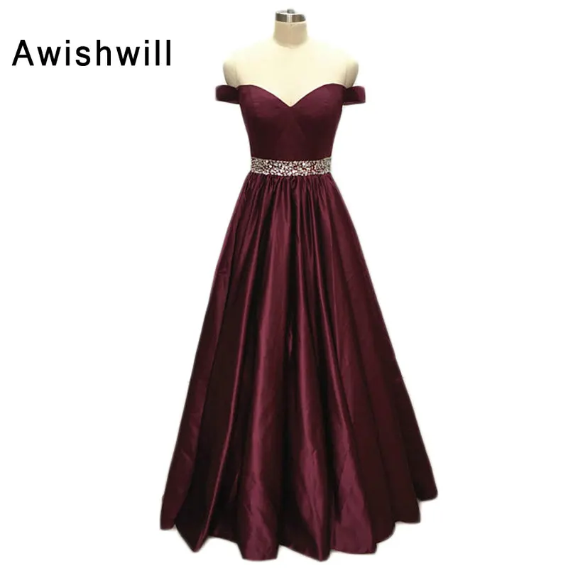 

Modest Off The Shoulder Evening Dresses 2019 Satin With Beadings A Line Floor Length Women Formal Evening Gowns