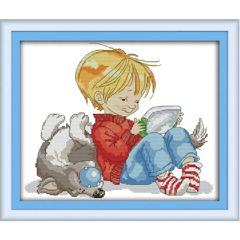 Enfants (ange garçon) avec un chien chinois compté point