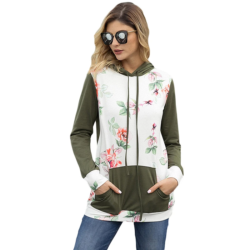 Осень весна Для женщин Повседневное Толстовка темно Kangroo карман Floral Hoodie