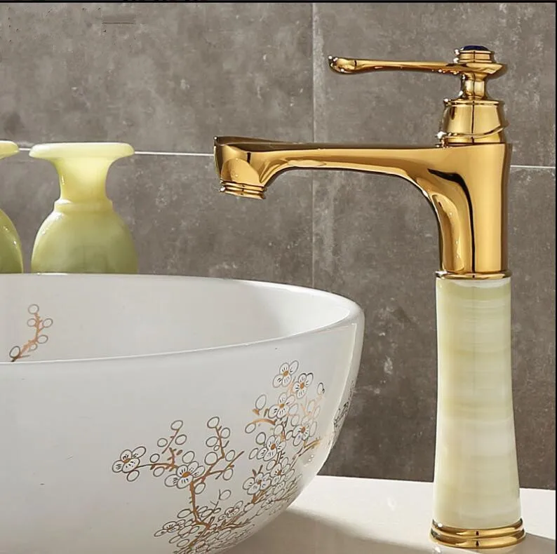 

Tall Basin Faucet Gold Crane Brass Jade Body Bathroom Basin Faucet Deck Mount Counter top Water Mixer wash basin Tap