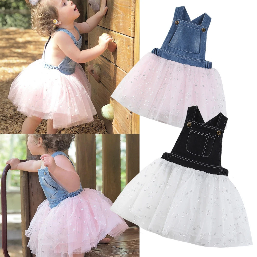 

cowboy casual dress for girls Spring and summer new dress Denim sleeveless dress Baby stitching tutu 2-7 Y baby purple white