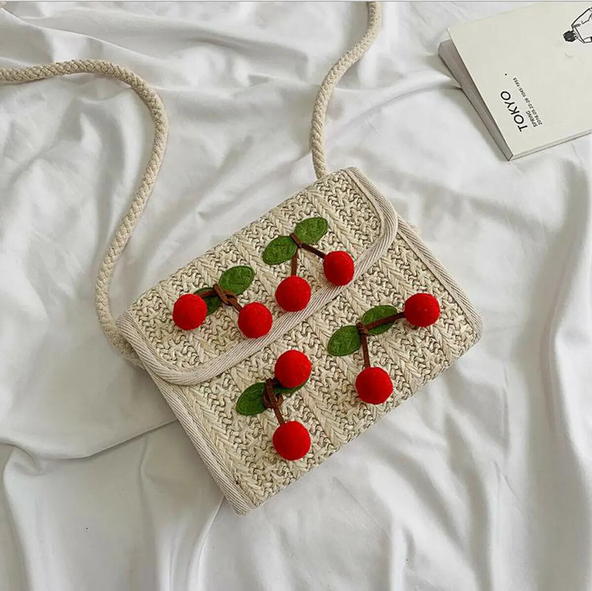 

Fashion Women Straw Bag Crossbody Holiday Beach Small Bag Tote Crochet Cherry Casual Messenger Shoulder Bag
