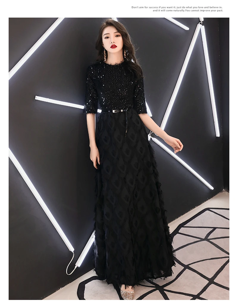 wei yin 2022 New Evening Dresses The Bride Elegant Banquet Black Half Sleeves Lace Floor-length Long Prom Party Gowns WY1342 plus size evening wear