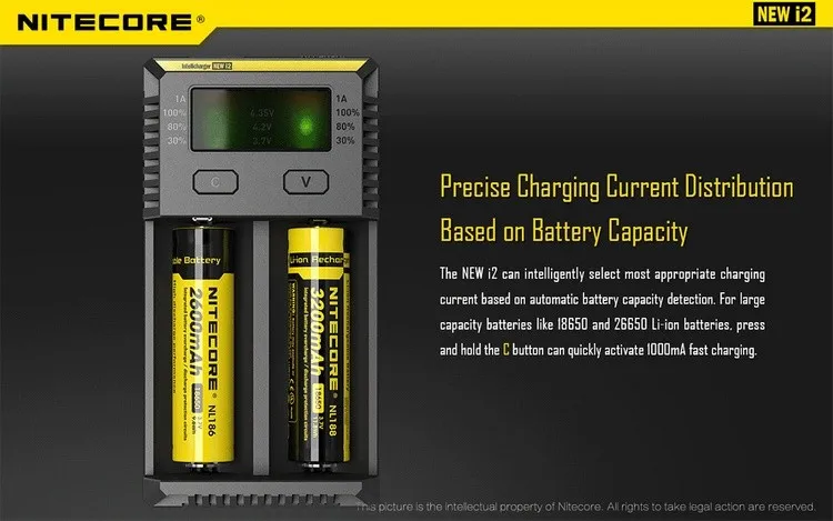 Topsale NITECORE I2 батарея Смарт зарядное устройство автоматические дорожные наборы Li-Ion IMR Ni-cd 16340 10440 AAA 14500 18650 26650 с кодом