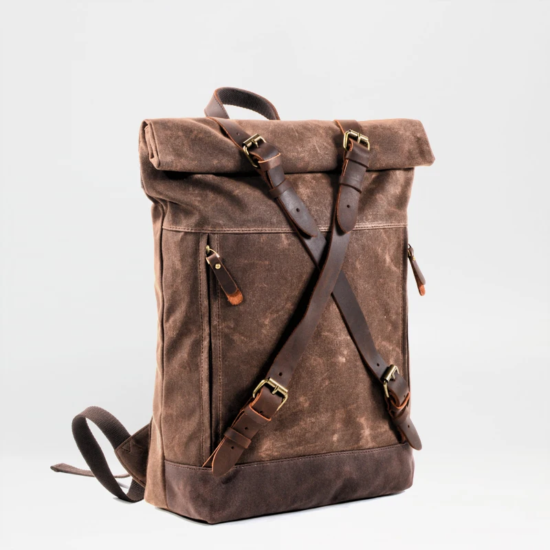  MUCHUAN Unisex Hard Oil Waxed Canvas Leather Backpacks Criss-Cross Waterproof Backpack Men for Trav