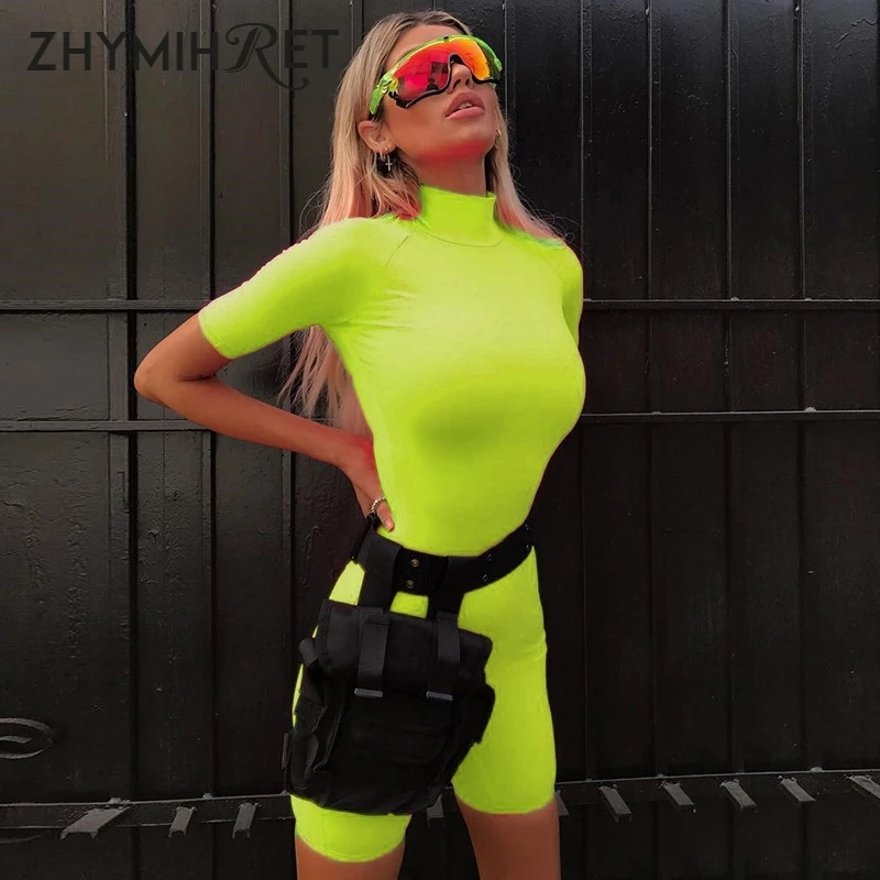 ZHYMIHRET الصيف الياقة المدورة النيون اللون Playsuit 2019 جديد نحيل الجسم موهير مضان ارتداءها المرأة مثير قصيرة بذلة