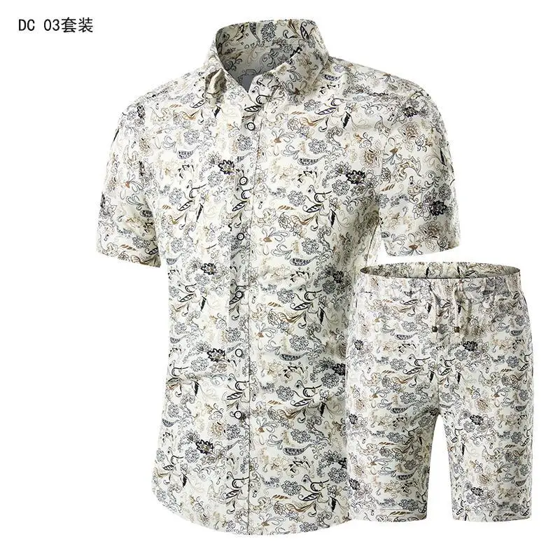 New Fashion Men Shirts+Shorts Set Summer Casual Printed Shirt Vintage Men Hip Hop Flower Sets Male Casual Clothes DC09 - Цвет: DC03