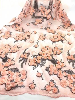 

High quality pink African wedding lace fabrics sale French mesh lace fabrics new 3d sequins 3d applique embroidery lace fabrics