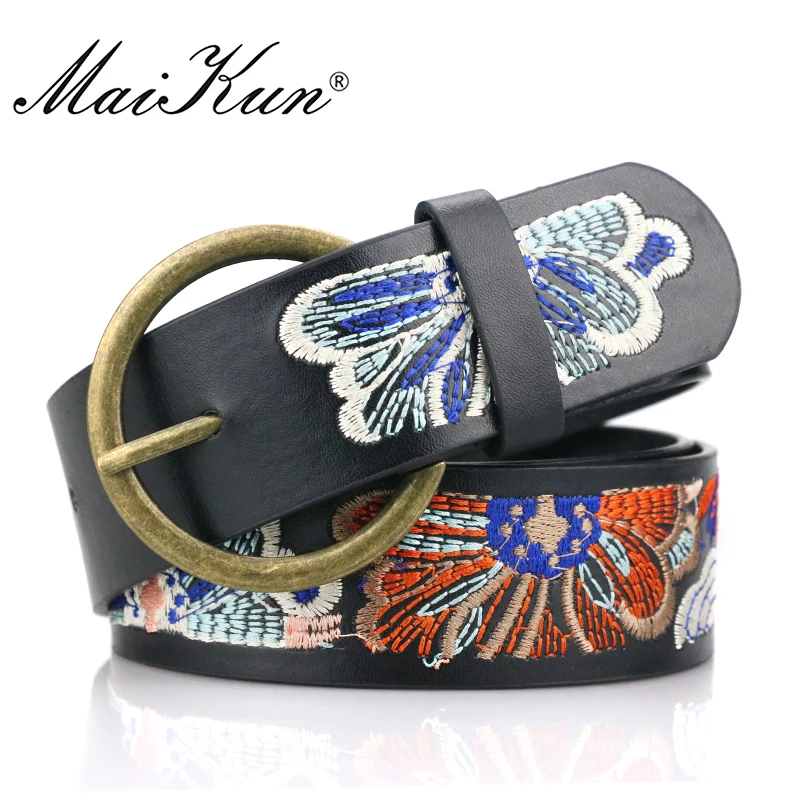 

Maikun Round Pin Buckle Belts for Women Luxury Embroidery Leather Waist Belt Female Designer Belts