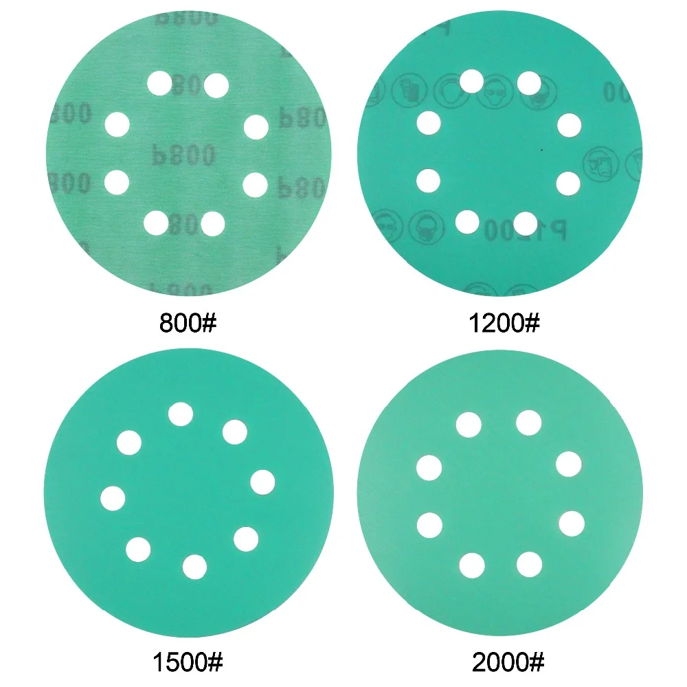 MAXMAN 10 шт. 5 дюймов 8 отверстий наждачная бумага 60-2000 гритс зеленая пленка шлифовальный диск Флокирование водный Песок Сухой/влажный шлифовальный