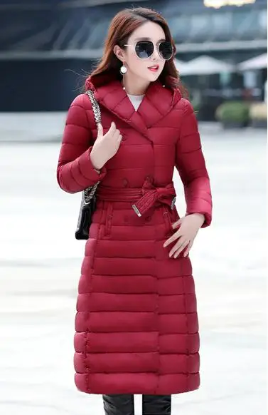 Зимнее женское пальто с капюшоном, тонкая теплая длинная хлопковая стеганая куртка с поясом - Цвет: red
