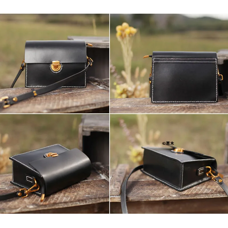 AETOO Black first layer leather small square bag new retro art single shoulder diagonal package flip lock buckle handbag