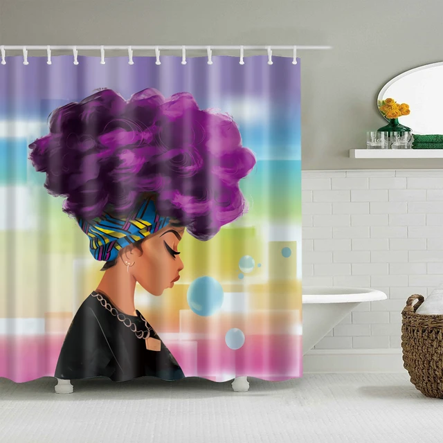Black Girl 3D Print Shower Curtain With 12PCS Hooks Waterproof Mold