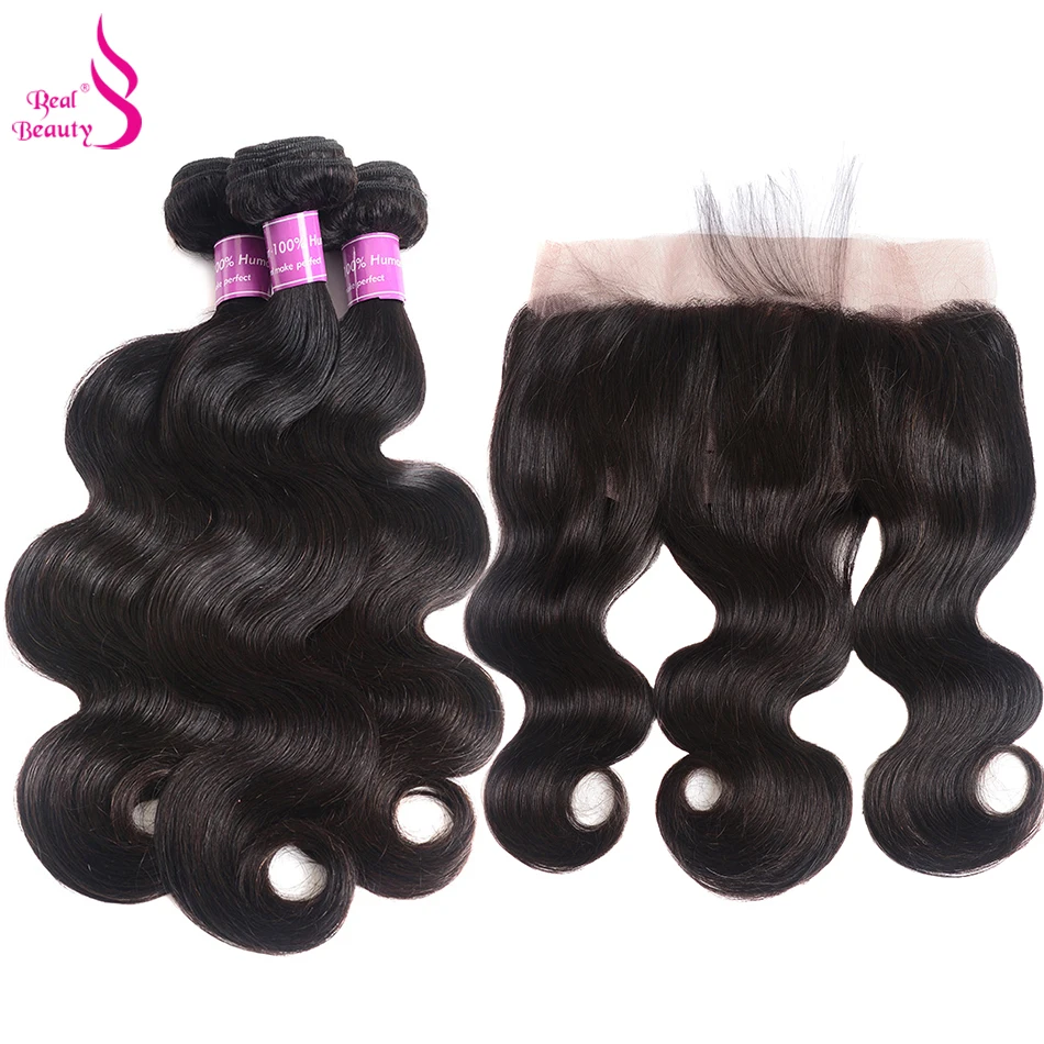 Real Beauty 3 Bundles Body Wave With 360 Lace Frontal Brazilian Human Hair 360 Closure With Bundles Non-Remy Hair 1B (26)