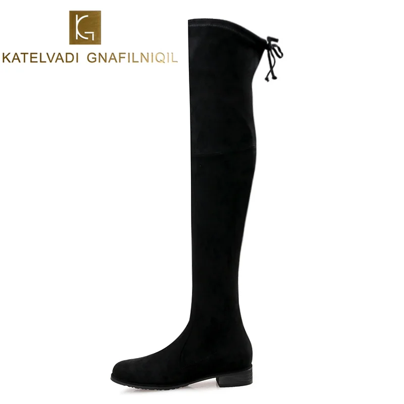 KATELVADI Size 34-43 Over Knee Boots Women Round Toe Square Low Heels Black Flock Women Thigh High Boots Snow Winter Boots K-196 KATELVADI Size 34-43 Over Knee Boots Women Round Toe Square Low Heels Black Flock Women Thigh High Boots Snow Winter Boots K-196