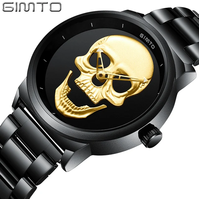 GIMTO Fashion Casual Gold Lover's Skull Watch Stainless Steel Unique 3D Skeleton GIMTO Fashion Casual Gold Lover's Skull Watch Stainless Steel Unique 3D Skeleton