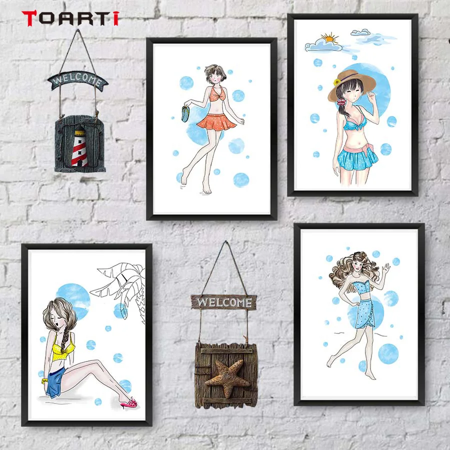Sweet Girls Swimsuit Show Wall Art Colorful Cartoon Canvas Painting Modern Pictures Vintage Posters&Prints Girls Room Home Decor (1)