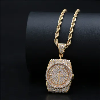 

Hip Hop Cubic Zircon Watch Shape Pendant Necklace For Men Women Gold Silver Color CZ Iced Out Chain Necklace Fashion Jewelry