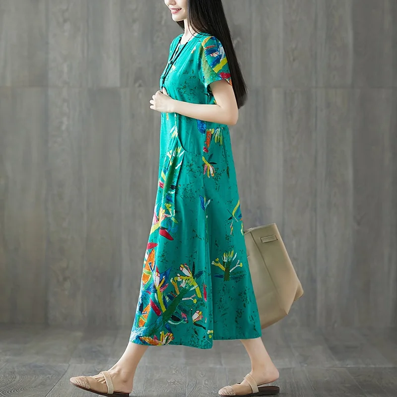 cotton linen plus size vintage floral women casual loose long summer dress elegant vestidos clothes ladies dresses sundress