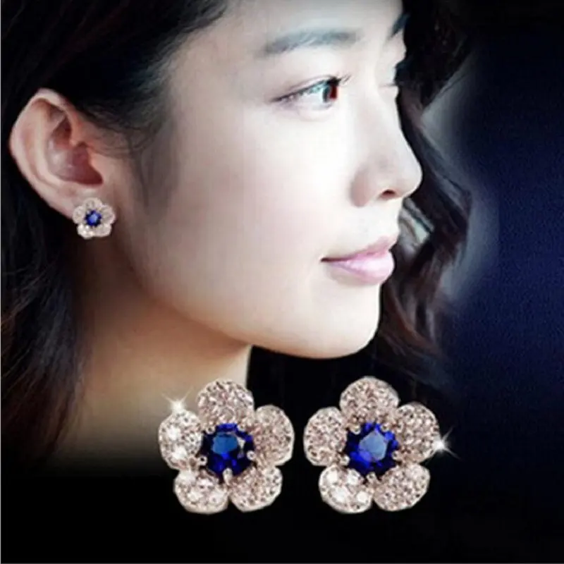 new Fashion Elegant Blue Flower Ladies Gold Rhitone Stud Earrings Pierced Earrings Brinco Women Jewelry