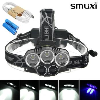 

Headlight 50000lm 3*T6 2*Q5 Headlamp Bike Head Lamp Light Fishing 18650 Rechargeable Flashlight Torch Head White Blue Lighting