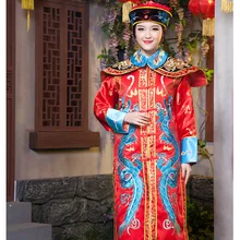 Женский Королевский Красный китайский император императрица традиционный старинный костюм шелковое атласное вышитое платье для выступлений на сцене платье королевы