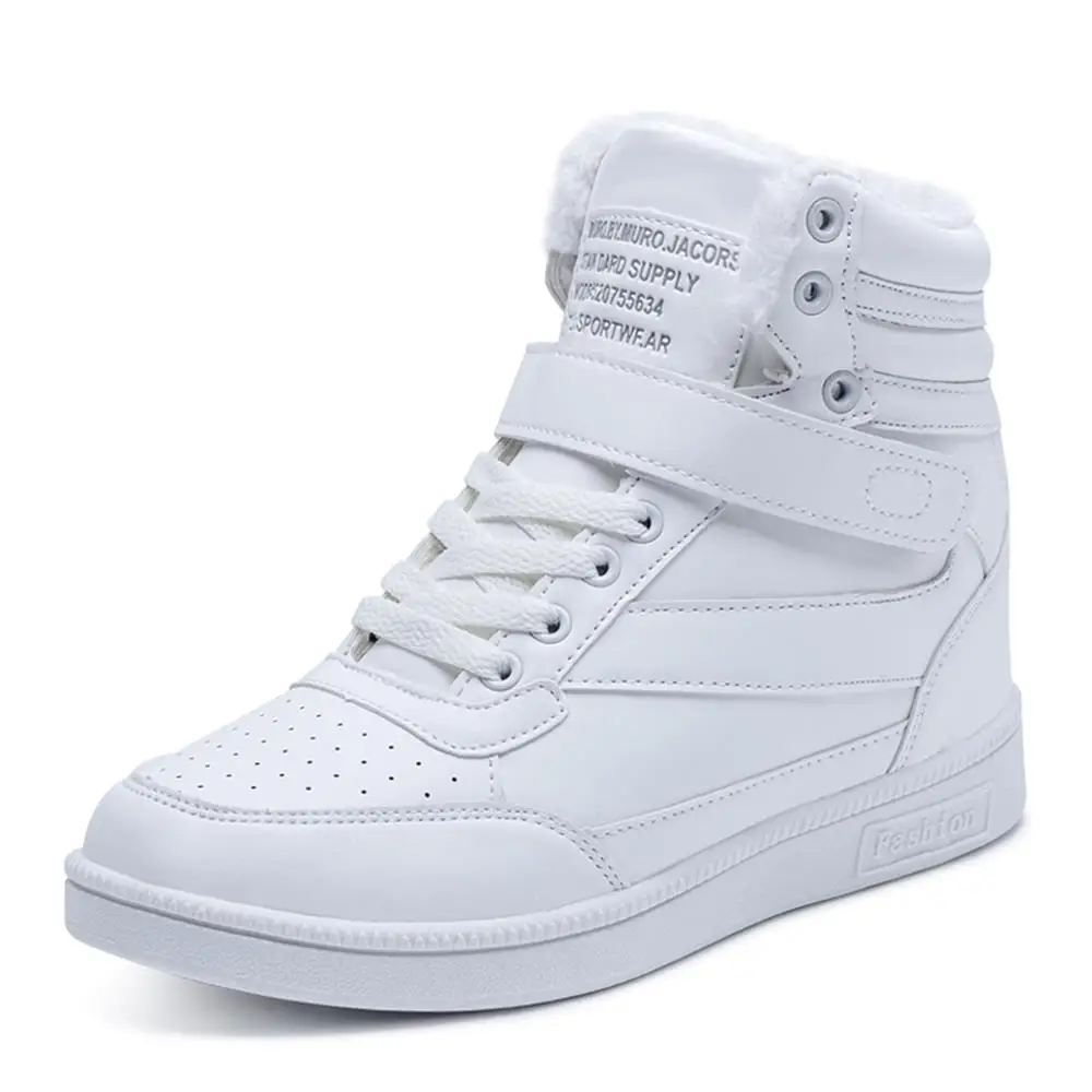 

2018 Winter Fall Women Casual White Shoes Espadrilles Invisible Increasing Sneakers Leather Platform Woman Warm plush High Top