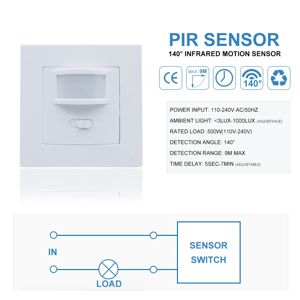 110-220 В инфракрасный PIR датчик движения переключатель ПВХ настенный вкл/выкл/переключатель пассивного инфракрасного датчика 500 Вт нагрузка Макс 9 м Обнаружение дистанса