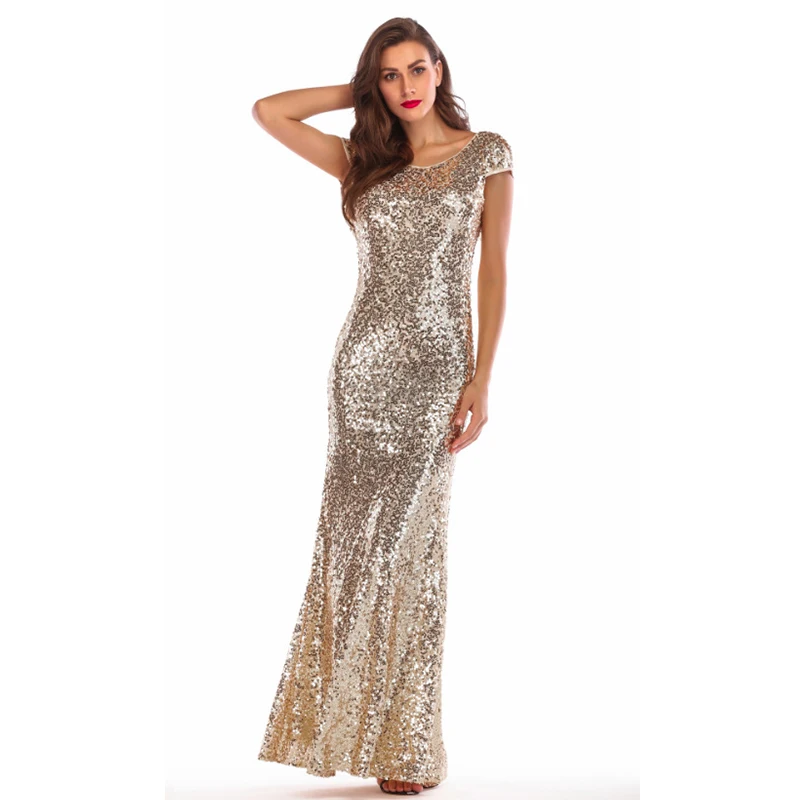 Backless Draped Gold Sequin Short Sleeve Maxi Dress Summer Women O Neck Mermaid Long Dress Sexy Elegant Evening Party Dress