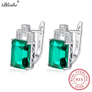 

Blaike 100% Solid S925 Sterling Silver Hoop Earrings Square Green/Blue Zircon Hanging Earrings Women Emerald Birthstone Jewelry