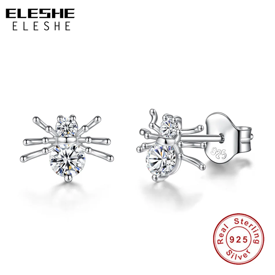 ELESHE сверкающий кристалл CZ паук милые серьги 925 пробы серебряные серьги-гвоздики с животными для женщин девочек Роскошные ювелирные изделия