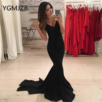 

Sexy Backless Black Evening Dresses Long 2019 Mermaid Deep V-Neck Spaghetti Straps Satin Women Formal Prom Gown Party Dress
