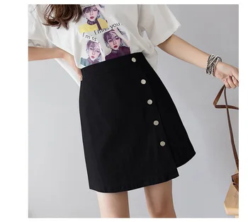 

College Women Irregular Single-Row Buckle Denim Short Skirts Summer Slim Faldas Mujer Solid High Waist Mini Skirts