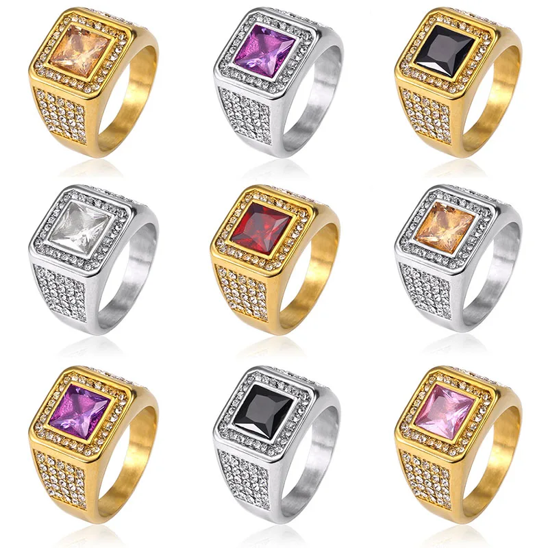 

Hip hop Stainless Steel Men Ring Black White Purple Red Cubic Zirconia Crystal Rings For Men Engraving Rhinestone Trendy Jewelry