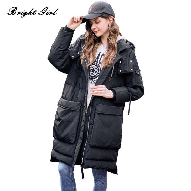 BRIGHT GIRL Winter Down Jackets Thickened Long Jacket with Hat Fashion Coat for Women Warm Casual | Женская одежда