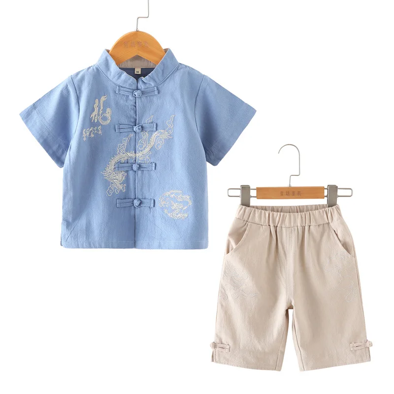 Retro Embroidery Tang Suit Boys Traditional Chinese Clothing T-Shirt+Shorts Cotton&Linen Children Clothes Set 2-10T Kids SL1037