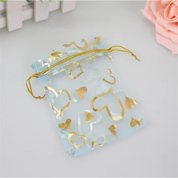 

Wholesale 100pcs/lot 7*9cm Gold Heart Christmas Gift Packaging Bags Drawstring Jewelry Organza Pouches&Bags